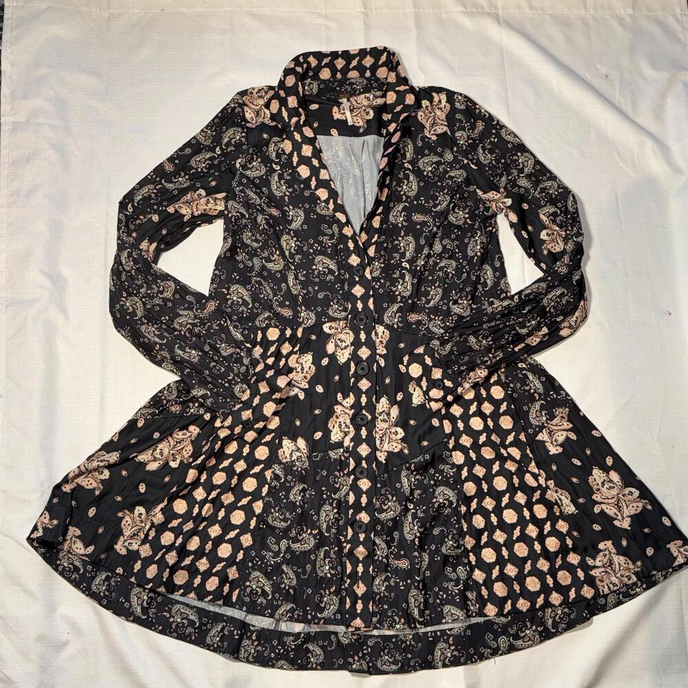 Free People Button Dress Long Sleeve Tunic Flare Ditsy Print Paisley Floral - Picture 1 of 7